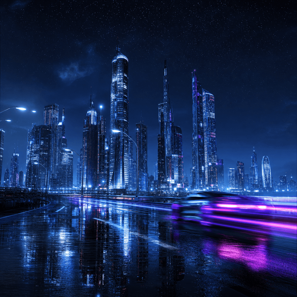 Neon-lit futuristic city skyline at night, generated with AI Art Create